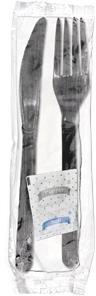 5-Piece Heavy Polypropylene Cutlery Kits with Fork, Knife, Salt, Pepper, and Napkin. Black. 500/Case.