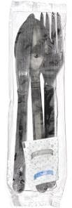 6-piece Heavy Polypropylene Cutlery Kits with Fork, Knife, Spoon, Salt, Pepper, and Napkin. Black. 250 count.
