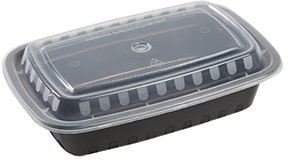 AmerCareRoyal Rectanglular Polypropylene To-Go Containers with Lids. 24 oz. 7.75 X 5.5 X 1.5 in. Black and Clear. 150 sets/case.