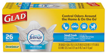 Glad® OdorShield® Quick Tie Small Trash Bags. 0.5 mil. 4 gal. Fresh Clean Scent. White. 6 boxes.