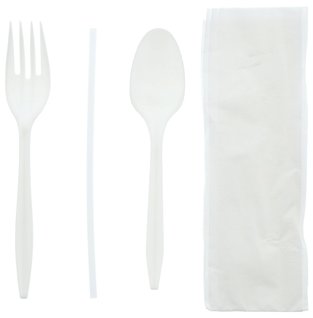 4 in 1 Cutlery Kits. Fork/Spoon/Straw/Napkin, White. 500 count.