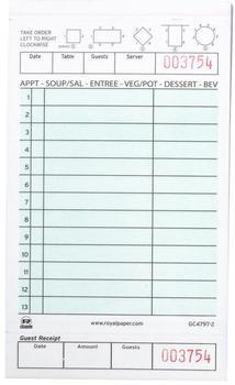 Guest Checks, Carbonless Green 2 Part Loose 13 Lines. 4.2 X 7.75 in. 2000 checks.