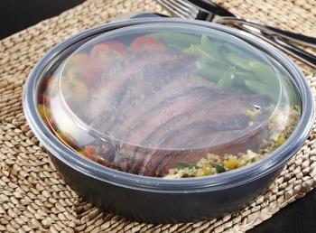 Large Round Container with Clear Dome Lid. 48 oz. Black. 150 count.