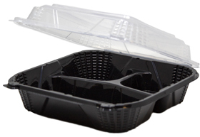 Large Hinged 3 Compartment Containers. 9.25 X 9.125 X 3 in. Black and Clear. 150 count.