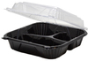 A Picture of product 964-913 Large Hinged 3 Compartment Containers. 9.25 X 9.125 X 3 in. Black and Clear. 150 count.