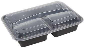 AmerCareRoyal Rectangular Polypropylene 3-Compartment Take Out Containers with Lids. 33 oz. 10 X 7 1/2 X 1 3/4 in. Black and Clear. 150 sets/case.
