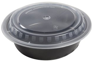 AmerCareRoyal Round Polypropylene To-Go Containers with Lids. 24 oz. 7 X 1 1/2 in. Black and Clear. 150 sets/case.