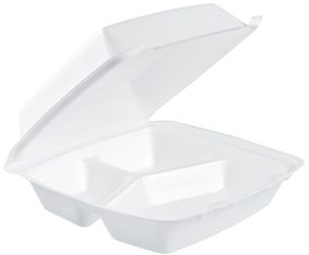 Foam Hinged Lid Container.  3-Compartment.  8.4" L x 7.9" W x 3.3" H.  White Color.  100 Containers/Sleeve.