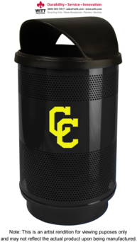 Witt Stadium Series® Standard Collection Receptacle with Custom Logo and Hooded Top. 35 gal. Black. Plastic Liner, Hooded Top