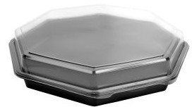 Creative Carryouts® OctaView® Plastic Hinged Lid Cold Food Containers. 9.6 X 9.2 X 3.2 in. Black and Clear.