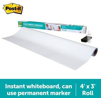 Post-it® Flex Write Surface, The Permanent Marker Whiteboard Surface, 4 ft. x 3 ft.  1 Roll, 1 Cleaning Cloth, 1 Water Bottle, per Set.  6 Sets/Case.