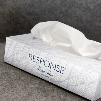 Response® Box Facial Tissue.  2-Ply. 8" x 8". 100 Sheets/Box, 30 Boxes/Case.