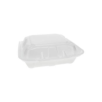 Pactiv Foam 3-Compartment Hinged-Lid Takeout Container,  8" x 8" x 3", White, 150 Containers/Case.