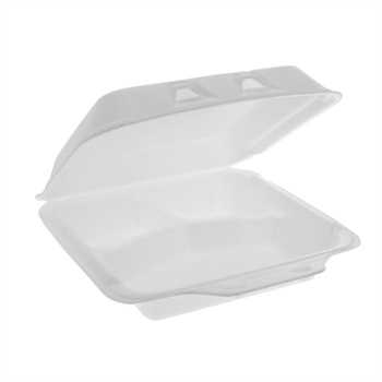 Pactiv Smartlock® Foam Small 3-Compartment Hinged-Lid Takeout Container, 7.5" x 8" x 3", White, 150 Containers/Case.