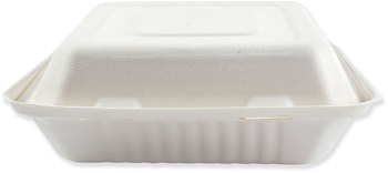 Bagasse Molded Fiber Food Containers, Hinged-Lid, 3-Compartment 9 x 9, White, 100/Sleeve, 2 Sleeves/Carton.