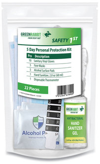 PPE 5-Day Personal Protection Kit, 10 Sanitary Vinyl Gloves, 5 Face Masks, 5 Alcohol Surface Pads, 2 oz Hand Sanitizer, 1 Disposable Thermometer/Kit. Resealable Bag.