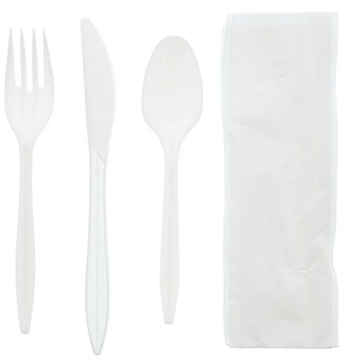 4-piece Medium Weight Polypropylene Cutlery Kits with Fork, Knife, Teaspoon, and Napkin. White. 250 count.