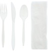 A Picture of product 962-025 4-piece Medium Weight Polypropylene Cutlery Kits with Fork, Knife, Teaspoon, and Napkin. White. 250 count.