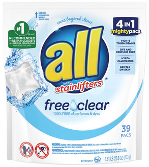 All® Mighty Pacs Free and Clear Super Concentrated Laundry Detergent. 39/Pack, 6 Packs/Case.