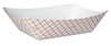 A Picture of product DXE-RP3008 Dixie® Kant Leek® Polycoated Paper Food Trays. 3 lb. 5.810 X 8.380 X 2.09 in. Red Plaid print. 500 count.