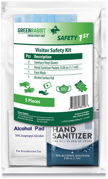 Green Rabbit Safety 1st Visitor Safety PPE Kit, 1 Person, Five Pieces, Gloves, Hand Sanitizer, Face Mask, Sealed Bag, 12/Box