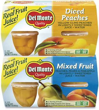 Del Monte® Diced Peaches and Mixed Fruit Cups, 4 oz Cups, 16 Cups/Box, Free Delivery in 1-4 Business Days