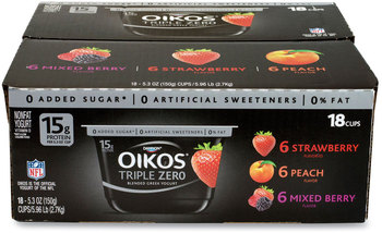 OIKOS® Triple Zero Blended Greek Nonfat Yogurt, 5.3 oz, Strawberry/Mixed Berry/Vanilla, 18/Box, Free Delivery in 1-4 Business Days
