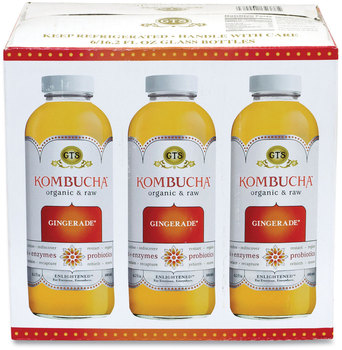 GT's Living Foods Organic Raw Kombucha Gingerade, 16.2 oz Bottle, 6/Pack, Free Delivery in 1-4 Business Days