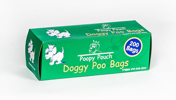 Poopy Pouch Universal Bags in Chipboard Box.  200 Bags/Roll, 10 Boxes/Case.
