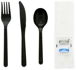 Cutlery Kit. Black Med/Hvy weight polypropylene Fork,Knife,Soup Spoon with 12x13 Napkin, Salt & Pepper. 250 per case.