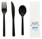 A Picture of product 192-161 Cutlery Kit. Black Med/Hvy weight polypropylene Fork,Knife,Soup Spoon with 12x13 Napkin, Salt & Pepper. 250 per case.