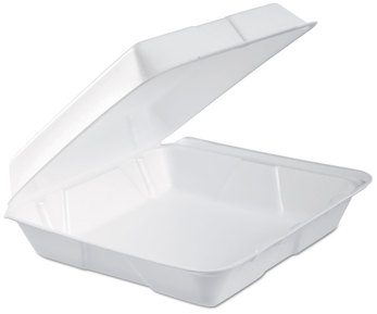 Foam Hinged Lid Container with Perforated Removable Lid.  Single Compartment.  9.5" L x 9.3" W x 3.0" H.  White Color.  200 Containers (2 Sleeves/100 Ct Each)