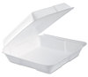 A Picture of product 217-109 Foam Hinged Lid Container with Perforated Removable Lid.  Single Compartment.  9.5" L x 9.3" W x 3.0" H.  White Color.  200 Containers (2 Sleeves/100 Ct Each)
