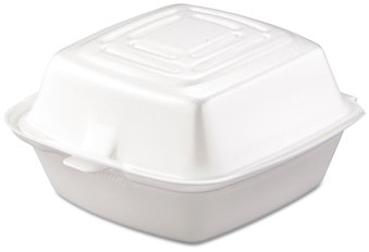Foam Hinged Lid Container.  Single-Compartment, 5" Medium Sandwich Size.  5.1" L x 5.4" W x 2.9" H.  125 Containers/Sleeve.