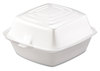 A Picture of product 217-200 Foam Hinged Lid Container.  Single-Compartment, 5" Medium Sandwich Size.  5.1" L x 5.4" W x 2.9" H.  125 Containers/Sleeve.
