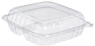 ClearSeal® Hinged Lid Containers.  3-Compartment (25.2 oz., 8.9 oz., 8.9 oz.).  8-7/8" L x 9-3/8" W x 3" H.  Clear.  100 Containers/Bag.