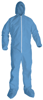 KleenGuard™ A65 Flame-Resistant Coverals with Elastic Wrists and Ankles, Boots, Hood, and Zipper Front. 4X-Large. Blue. 21/Carton.
