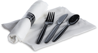 Ready Roll® Napkin and Cutlery Kits with Extra Heavy Weight Polystyrene Knife, Fork, and Teaspoon. Black. 50 rolls/box, 4 boxes/case.