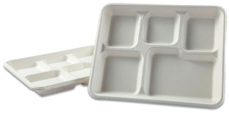 Boardwalk® Bagasse Molded Fiber Dinnerware, 5-Compartment Tray, 8 x 12, White, 500/Carton