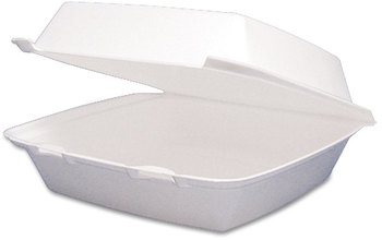 Foam Hinged Lid Container.  Single Compartment.  8.4" L x 7.9" W x 3.3" H.  White Color.  100 Containers/Sleeve.