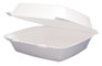 A Picture of product 217-108 Foam Hinged Lid Container.  Single Compartment.  8.4" L x 7.9" W x 3.3" H.  White Color.  100 Containers/Sleeve.