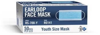 Youth Kids Size Masks with Adjustable Metal Nose Bands and Latex Free Ear Loops Blue. 50/Box, 10 Box/Case
