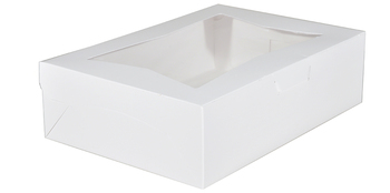 Window Bakery Box.  1-Piece, Tuck Top.  14" x 10" x 4".  White Color.  1/4 Sheet Cake, 100 Boxes/Case.