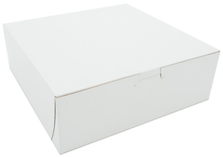 Bakery Box.  9" x 9" x 3".  White Color.  One-Piece, Tuck Top, Lock Corner.  Poly Wrapped.