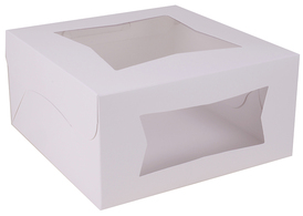 Bakery Box with Window.  10" x 10" x 5".  White Color.  One-Piece, Lock Corner, Tuck Top.  Poly Wrapped, 150/Case