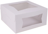A Picture of product 251-114 Bakery Box with Window.  10" x 10" x 5".  White Color.  One-Piece, Lock Corner, Tuck Top.  Poly Wrapped, 150/Case