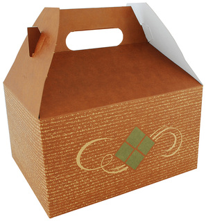 Kraft Paperboard Hearthstone Picnic Barn Style Carry Out Box. 9 1/16" x 7 1/16" x 5". Clay coated, 125/Case