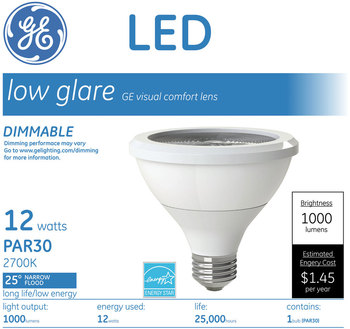 GE LED PAR30 Dimmable Warm White Flood Light Bulb, 3000K, 12 W