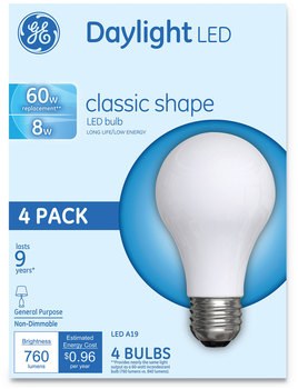 GE Classic LED Daylight Non-Dim A19 Light Bulb, 8 W, 4/Pack