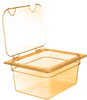 A Picture of product CFS-10439Z13 StorPlus™ High Heat EZ Access Hinged Notched Universal Food Pan Lids, 1/2 Size. 12.75 X 10.38 X 2.00 in. Amber. 6 each/case.